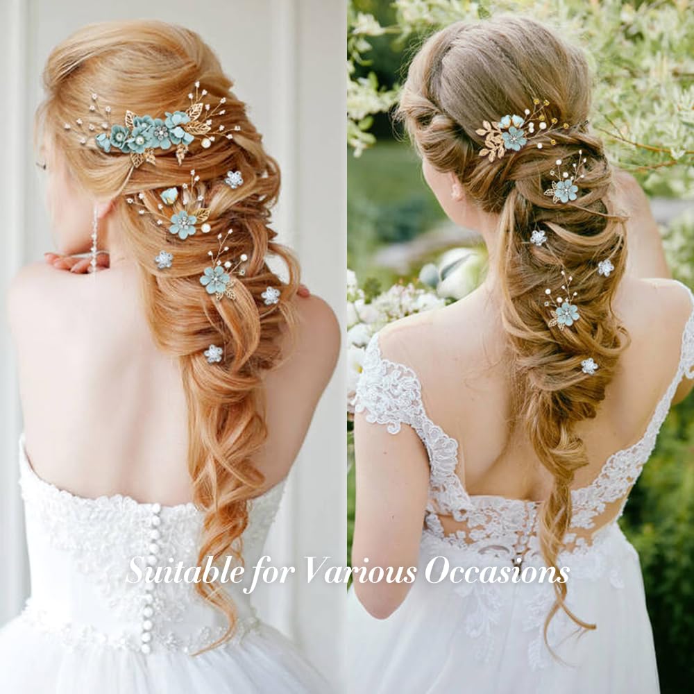 Cinaci 18 Pieces Bridal Wedding Party Prom Pearl Rhinestone Light Green Flower Hair Side Combs Slides+U-shaped Flower Hair Pins+Twist Spiral Hairpins Floral Headpieces for Brides Bridesmaids Women Gir