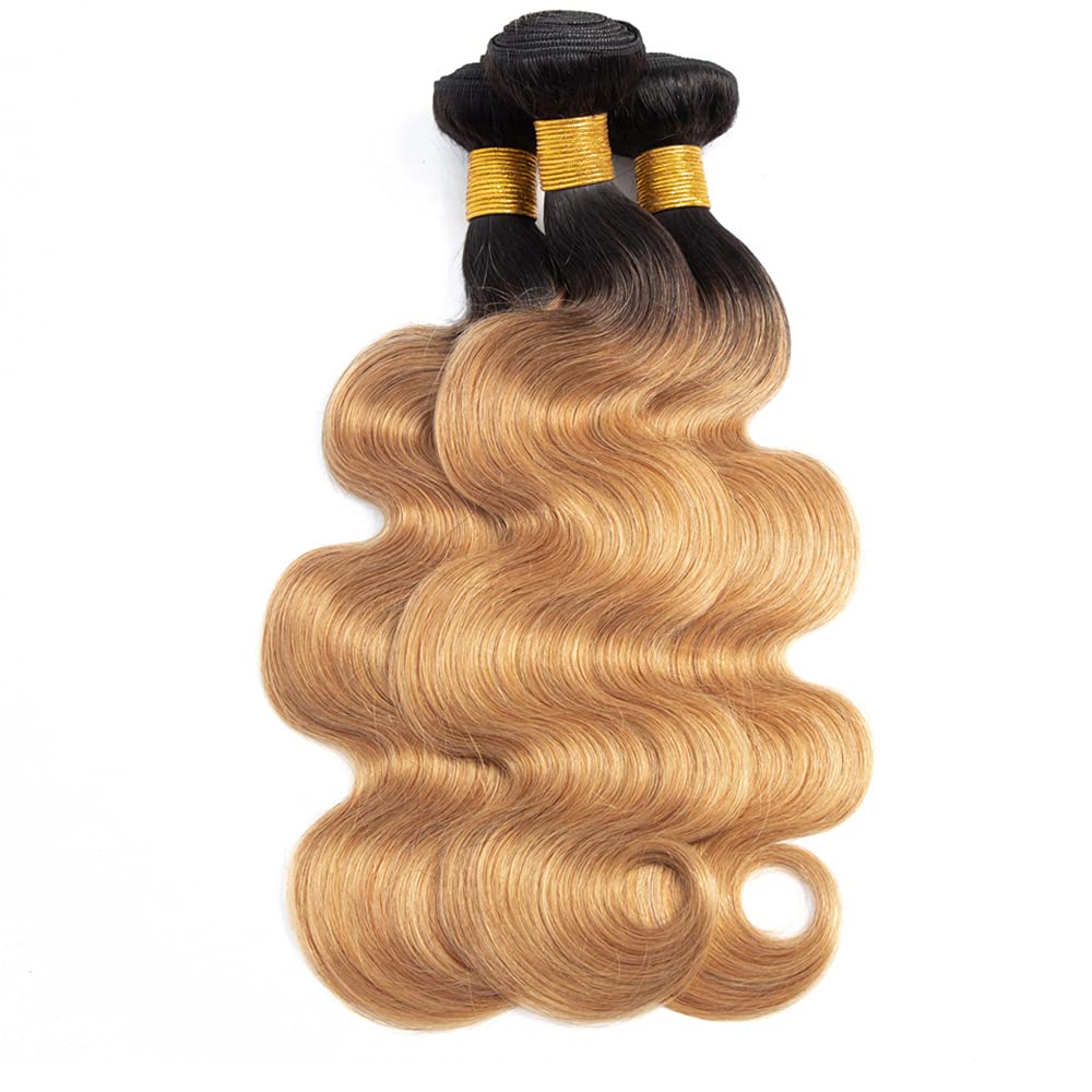 1b27 Human Hair Bundles Ombre Blonde Body Wave Bundles 8A Peruvian Virgin Human Hair 3 Bundles 12 14 16 Inch Two Tone Black and Blonde Bundles Hair Extensions Blonde Body Wave Bundles