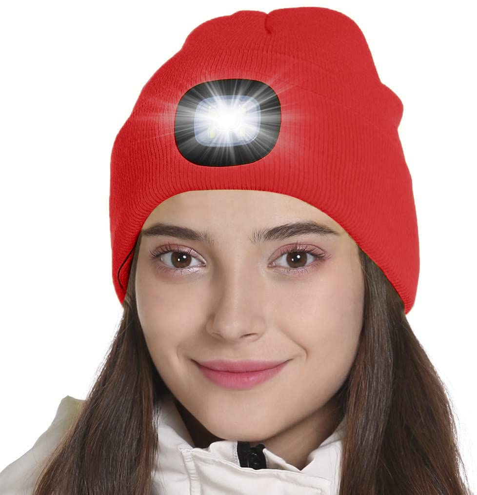 Tutuko Unisex Beanie with Light, USB Rechargeable LED Headlamp Cap, LED Hat with Flashlight, Gifts for Men Women Dad Red