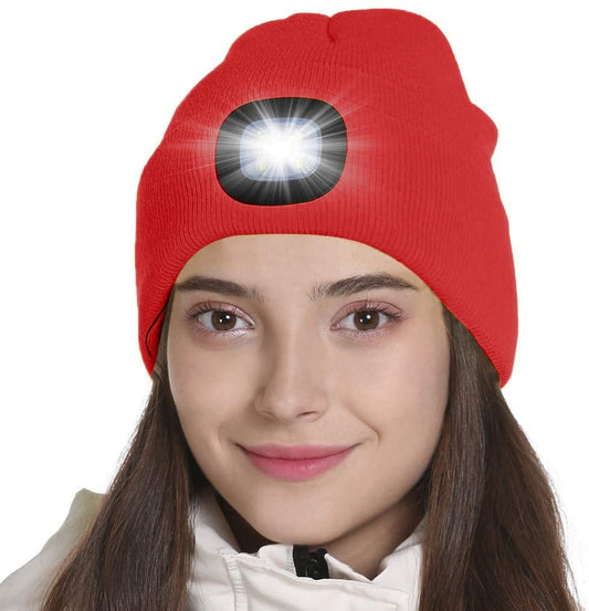 Tutuko Unisex Beanie with Light, USB Rechargeable LED Headlamp Cap, LED Hat with Flashlight, Gifts for Men Women Dad Red