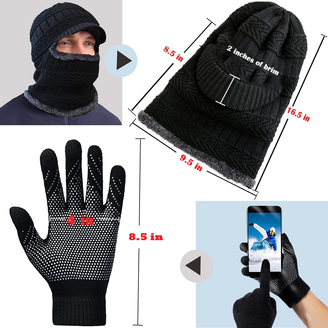 T WILKER 2Pcs Winter Knit Beanie Balaclava Hat Anti-Slip Touch Screen Mittens Set Thermal Ski Mask Cap Unisex for Womens Mens Black