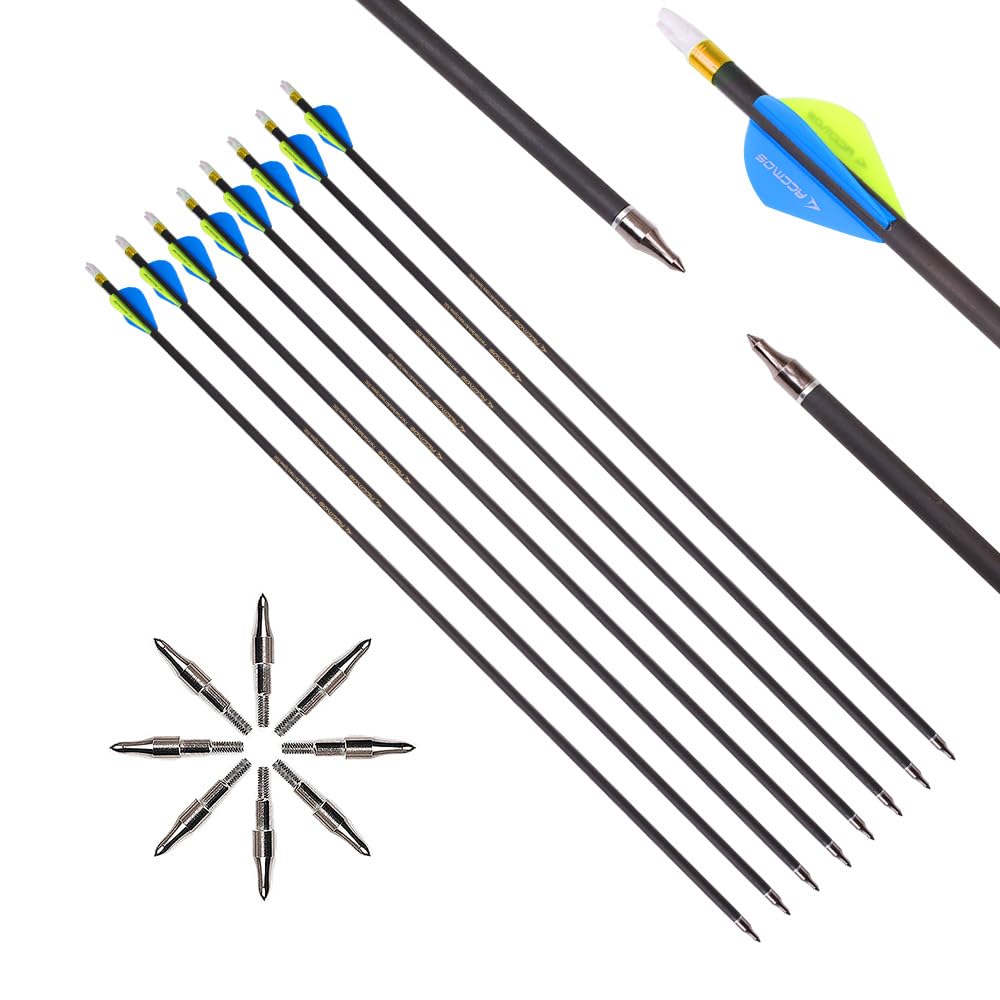 12pc 20-Inch Spine-500 Arrow Removable Tips Targeting Hunting Arrow Plastic Fletching 2 Inch Vane Carbon Arrows for Compound Bow Recurve Bow Adult Youth Archery Blue Yellow