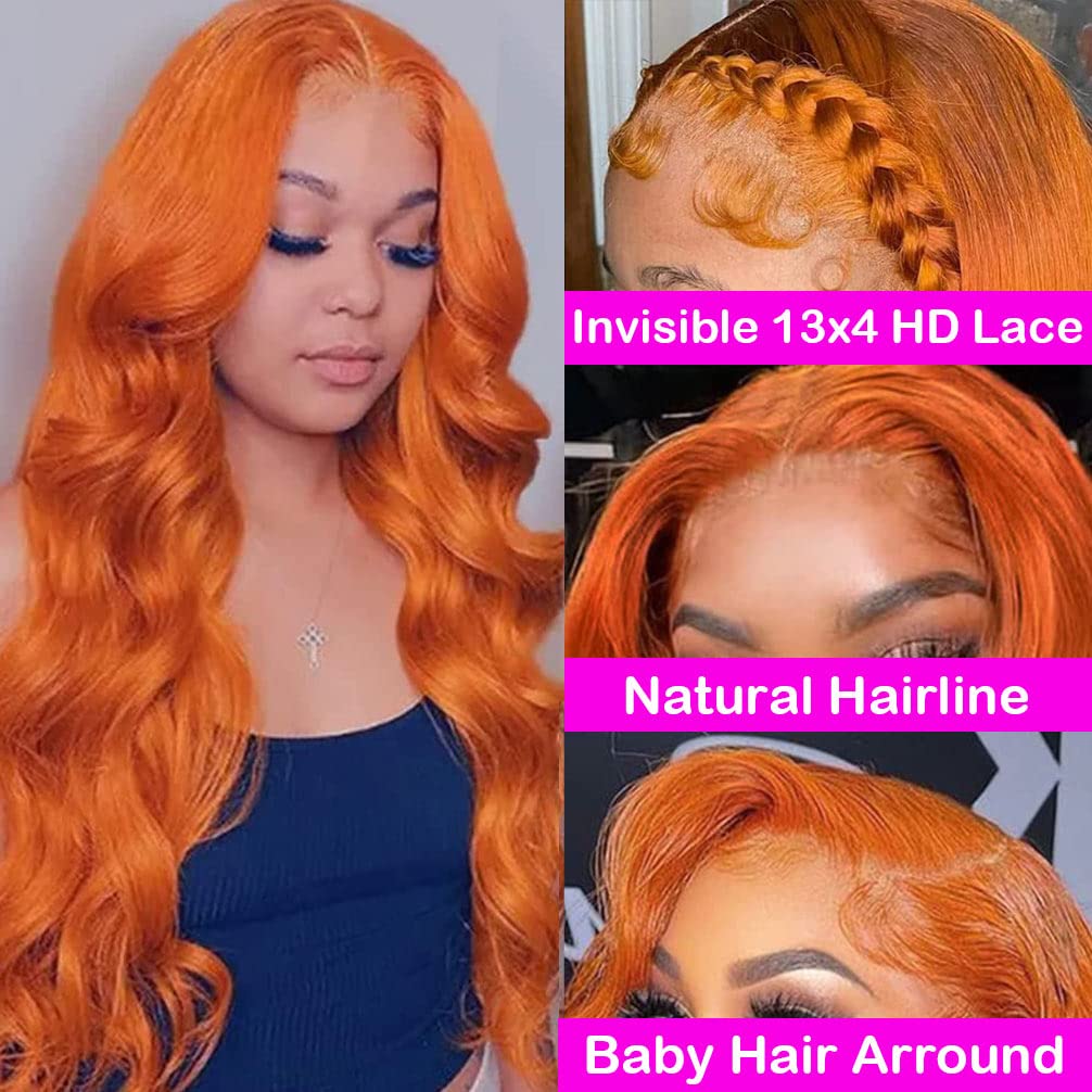 13X4 Orange Ginger Lace Front Wigs Human Hair Pre Plucked Brazilian Colored Body Wave Human Hair Wigs for Black Women HD Lace Frontal Wigs Human Hair 180% Density (28 Inches)