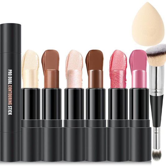 6 Colors Cream Contour Stick Makeup Kit, Shades with Highlighter, Blush and Bronzer Contour Stick for Sculpt the Cheeks, Long Lasting, Waterproof, Matte & Dewy Finish (SET A)