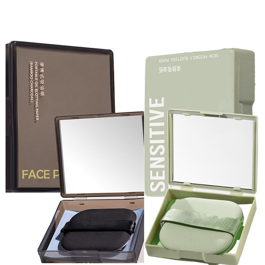 100 Sheets Bamboo Charcoal Oil Blotting Paper & 100 Sheets Green Oil Blotting Paper, Mirror&Puff, Absorbs Excess Face Oil, Controls Shine, Gentle for Makeup Use.