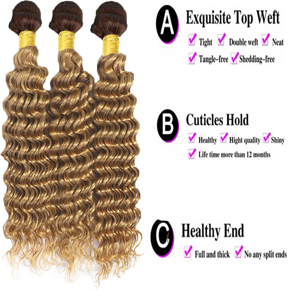 Ombre Human Hair Bundles T4/27 Blonde Deep Wave Bundles Human Hair 8 10 12 Inch Two Tone Brown And Blonde Bundles 8A Grade Honey Blonde Deep Wave Bundles Human Hair For Women