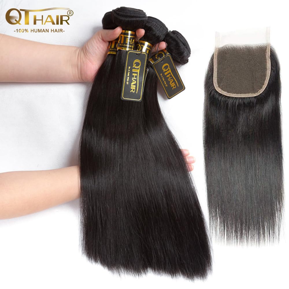 QTHAIR 14A Grade Brazilian Straight Human Hair Bundles with Closure(14" 16" 16"+12"Free Part Lace Closure,Natural Black) 100% Unprocessed Brazilian Virgin Hair Extensions for All Women