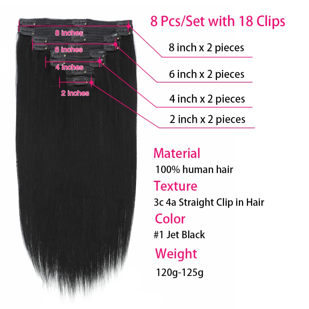 Clip in Hair Extensions Real Human Hair, 16inch 120g 8Pcs, 1 Jet black, Remy Human Hair Extensions Clip ins for Women, Natural Human Hair