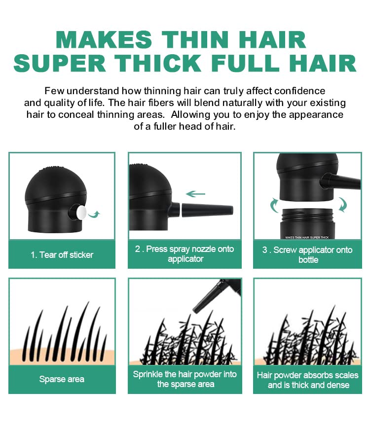 BLACK Hair Fibers for Thinning Hair 27.5g Bottle with Applicator | Undetectable & Natural Keratin Hair Fibers Concealer for Hair Loss for Men and Women | Hair Building Fibres Powder [BLACK Hair Fiber]