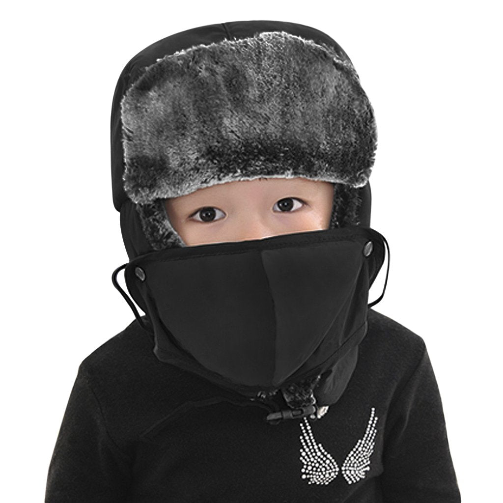 Unisex Kids Teens Girls Boys Faux Fur Winter Warm Trapper Hat with Ear Flaps,Windproof Face Warmer Fleece Thermal Outdoor Snow Ski Russian Ushanka Cap Trapper Trooper Pilot Aviator Hat Headwear