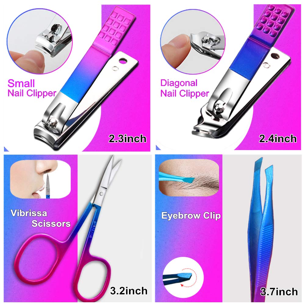 SHICEN Manicure Set, Professional Nail Clippers Kit, Pedicure Care Tools, Professional Women Grooming Kit -Premium Stainless Steel with Blue Travel Case Set 15PC Great Gift(Colorful)
