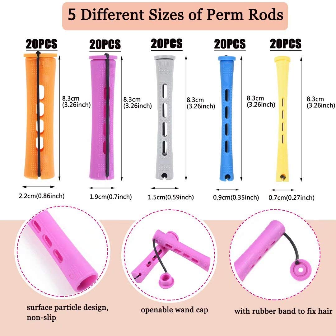 100pcs Perm Rods Set - 5 Sizes Cold Wave Rollers for Natural Curling, Styling and Hairdressing (Orange, Purple, Gray, Blue, Yellow)