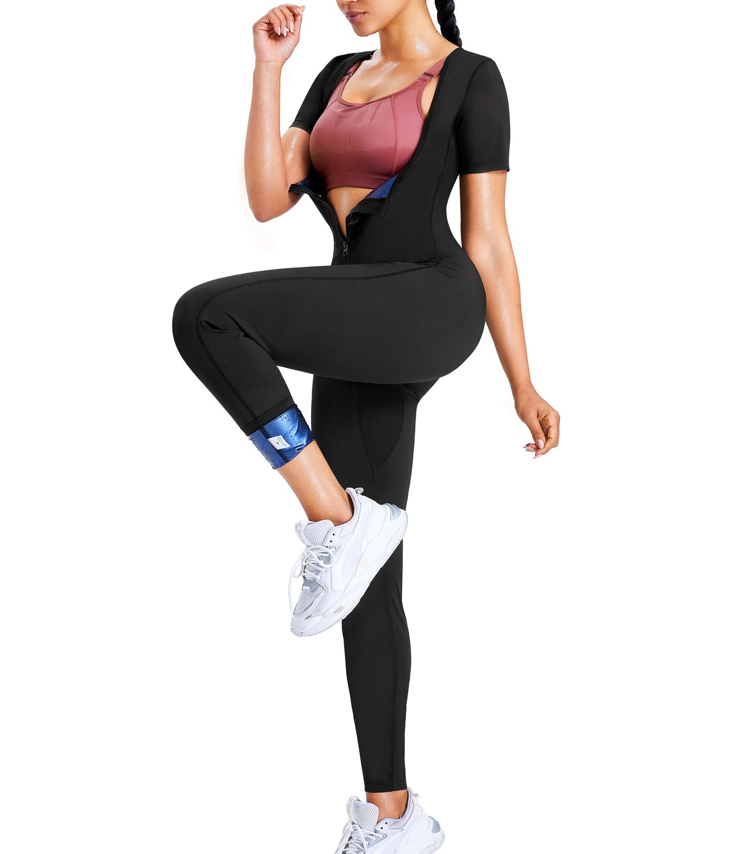 Junlan Sauna Suit for Women Full Body Compression Suit Sweat Jumpsuit Waist Trainer for Working Out(Short-sleeved Black,Small)