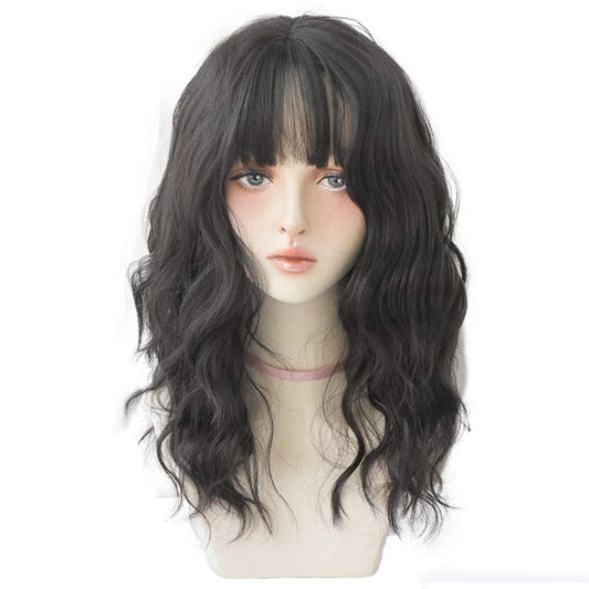 URCGTSA Wavy wigs with Bangs for women Party Wigs Natural Looking Heat Resistant Fiber Hair Color Wavy hair osplay Daily Part Wig for Women Full Hair Straight Wigs (Black brown)