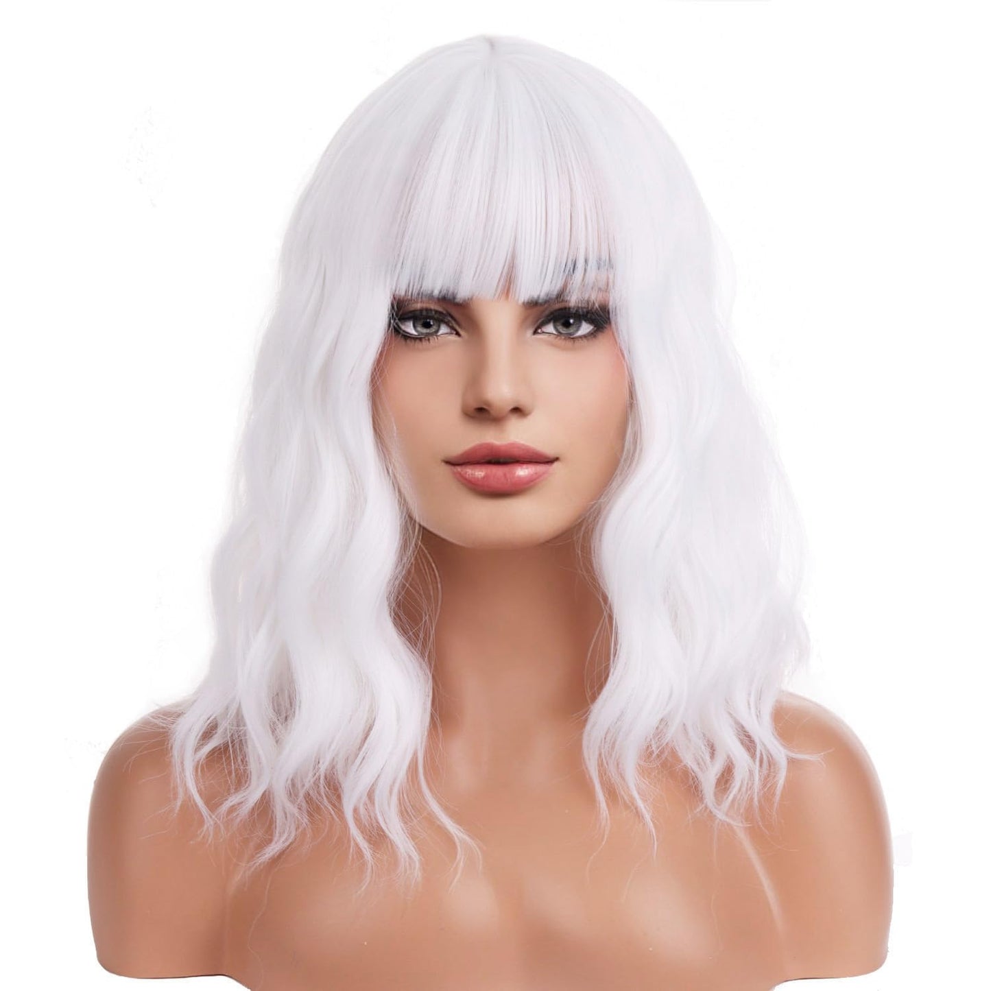 BERON 14 Inches White Wig Short Curly Wig Women Girl's Synthetic Wig White Wig with Bangs Wig Cap Included