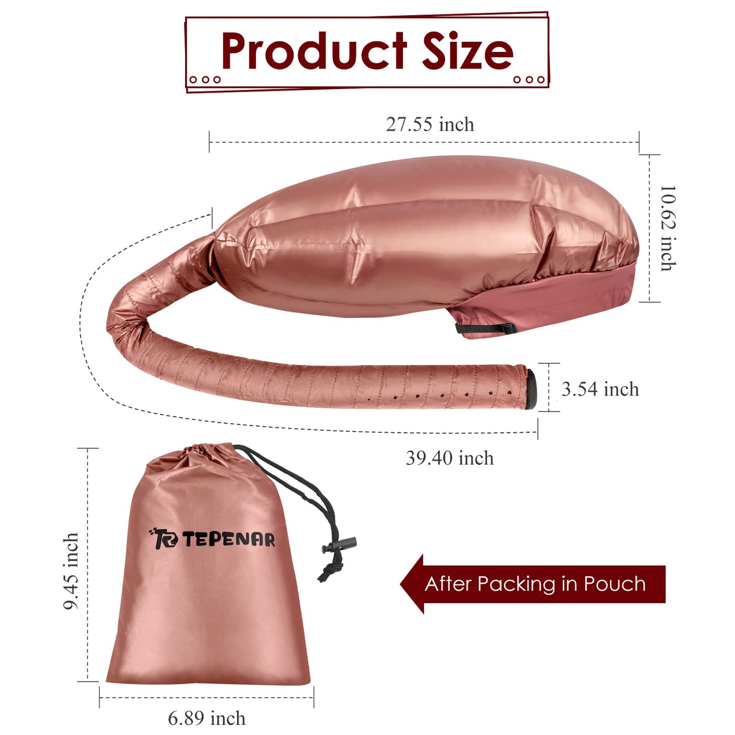 TEPENAR Bonnet Hair Dryer Attachment: Upgraded Extra Large Adjustable Hair Dryer Cap - Easy to Use for Natural Curly Textured Hair Care Styling Fast Drying - Rose Gold
