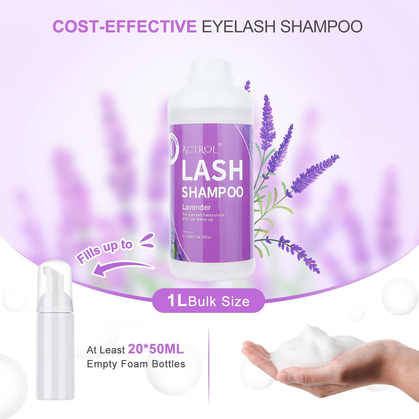 ACTROL Eyelash Extension Cleanser Lavender 1L Natural Lash Extension Shampoo Professional Eyelid Foaming Cleanser Paraben & Sulfate Free Non-lrritating with Salon and Home Care