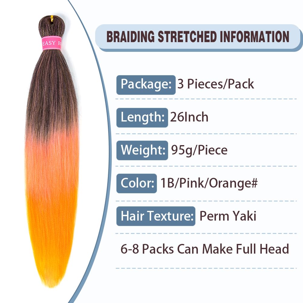 ZERAL Braiding Hair Pre Stretched 26 Inch 3 Packs Braiding Hair Professional Itch Free Yaki Texture Hair Extensions for Braids Synthetic Hair Braiding for Women and Girls (1B/Pink/Orange#)