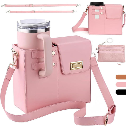 Outdoor Portable Crossbody Water Cup Storage Bag,Crossbody Cup Holder Bag,Crossbody Bag With Water Bottle Holder,for Stanley Purse Cup Holder Bag,Leather Water Bottle Bag With Adjustable Strap (Pink)