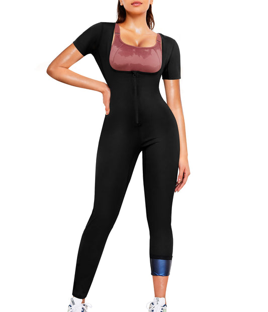 Junlan Sauna Suit for Women Full Body Compression Suit Sweat Jumpsuit Waist Trainer for Working Out(Short-sleeved Black,Small)