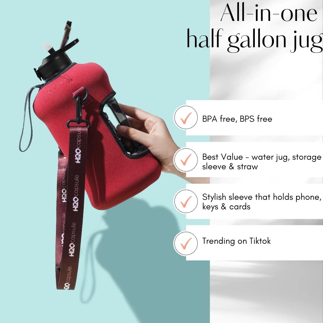 H2O Capsule 2.2L Half Gallon Water Bottle with Storage Sleeve and Covered Straw Lid – BPA Free Large Reusable Drink Container with Handle - Big Sports Jug, 2.2 Liter (74 Ounce) Maroon