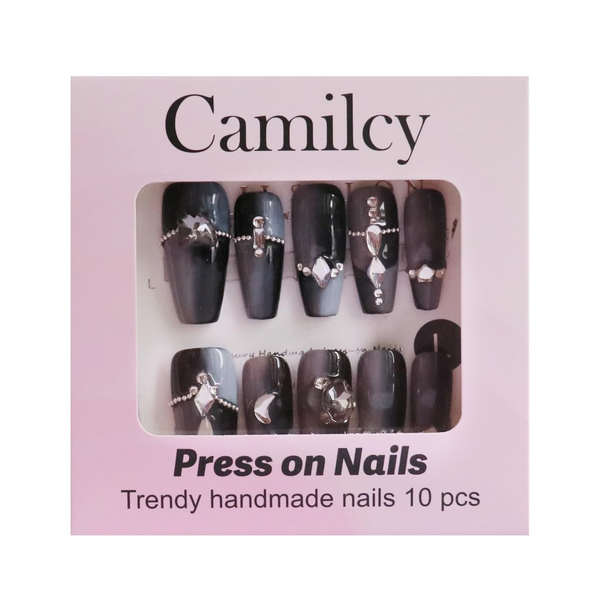 CAMILCY Handmade Nails Press on Coffin Armor Gradient Black Crystal Design Hand Painted Reusable Gel UV Finished Pre Shaped False Nails for Women 10Pcs 3D Handmade Nails (A011 L)