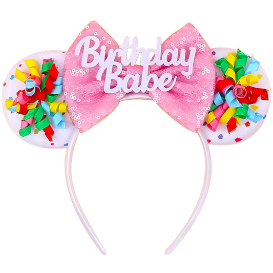 MADO Happy Birthday Mouse Ears Headband - Festive Ears for Women, Kids, Celebrations, Birthdays, and Parks (BD-BABE)