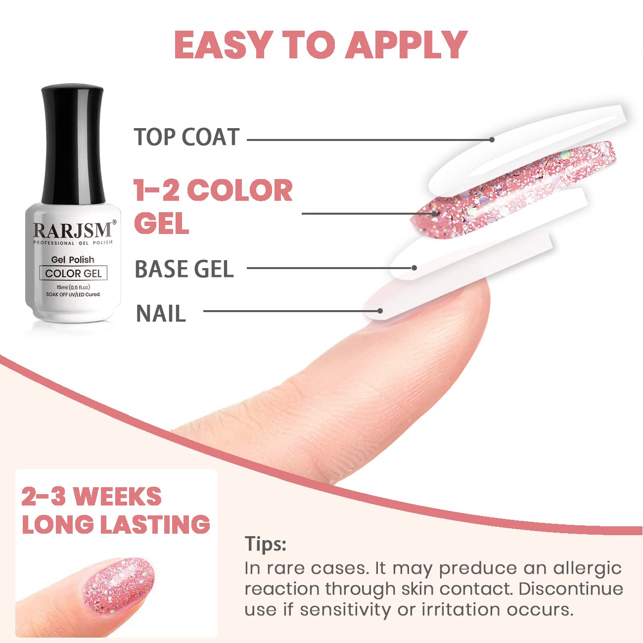 RARJSM Nude Pink Glitter Nail Polish Chunky Iridescent 15ml Shimmer Holographic Rainbow Effect Soak off Led UV Curing Required High Pigments Gel for Home Manicure Nail Art