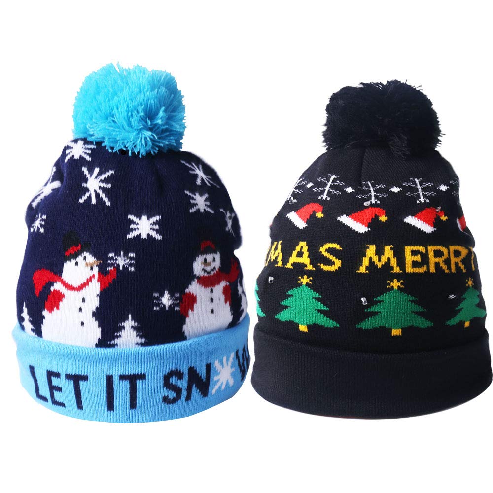 2 Pack LED Light Up Hat Beanie Knit Cap, Unisex Winter Snow Hat Sweater Ugly Holiday Hat Party Beanie Cap,with 6 Colorful Lights LED