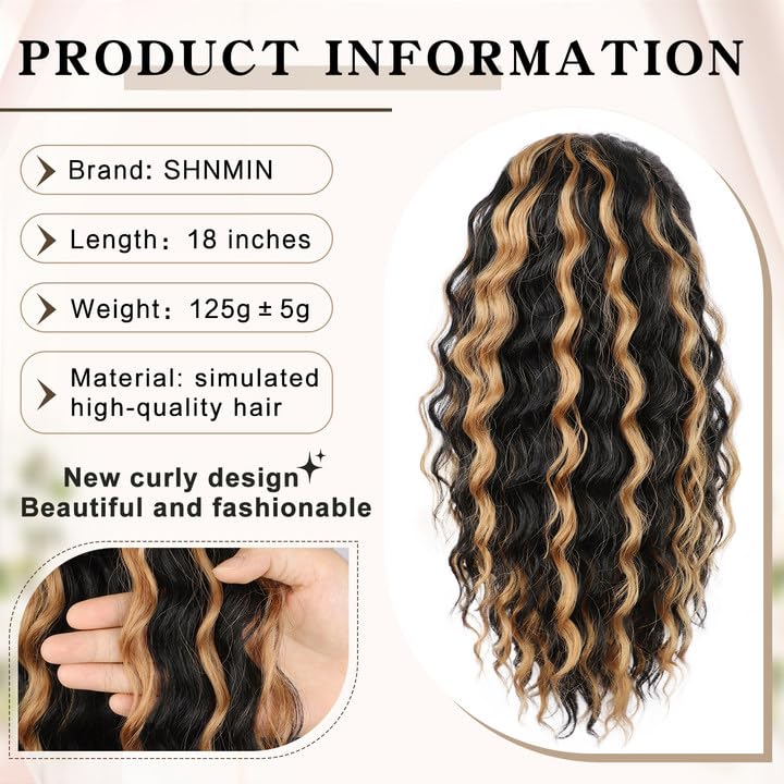 SHNMIN Ponytail Extension, Curly Drawstring Ponytail Extension for Women 18 Inch Curly Wavy Ponytail Yaki Textured Natural Fluffy Synthetic Hairpiece for Daily Use