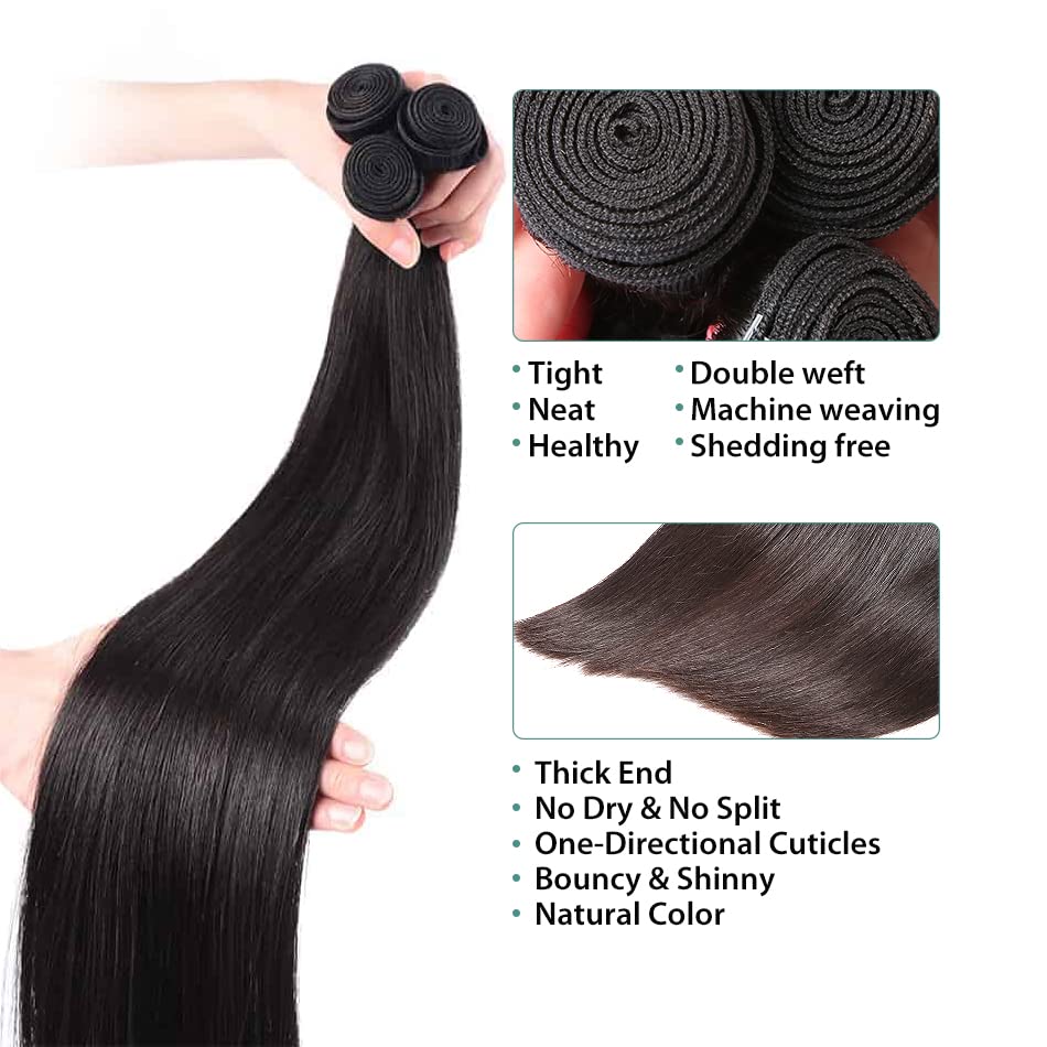 #1B Straight Human Hair Bundles 8a Grade Natural Color Double Weft Brazilian Remy Hair Weave Extensions Wet and Wavy Bundles Soft and Silky for Black Women (26 26 26 inch,3 Bundles)