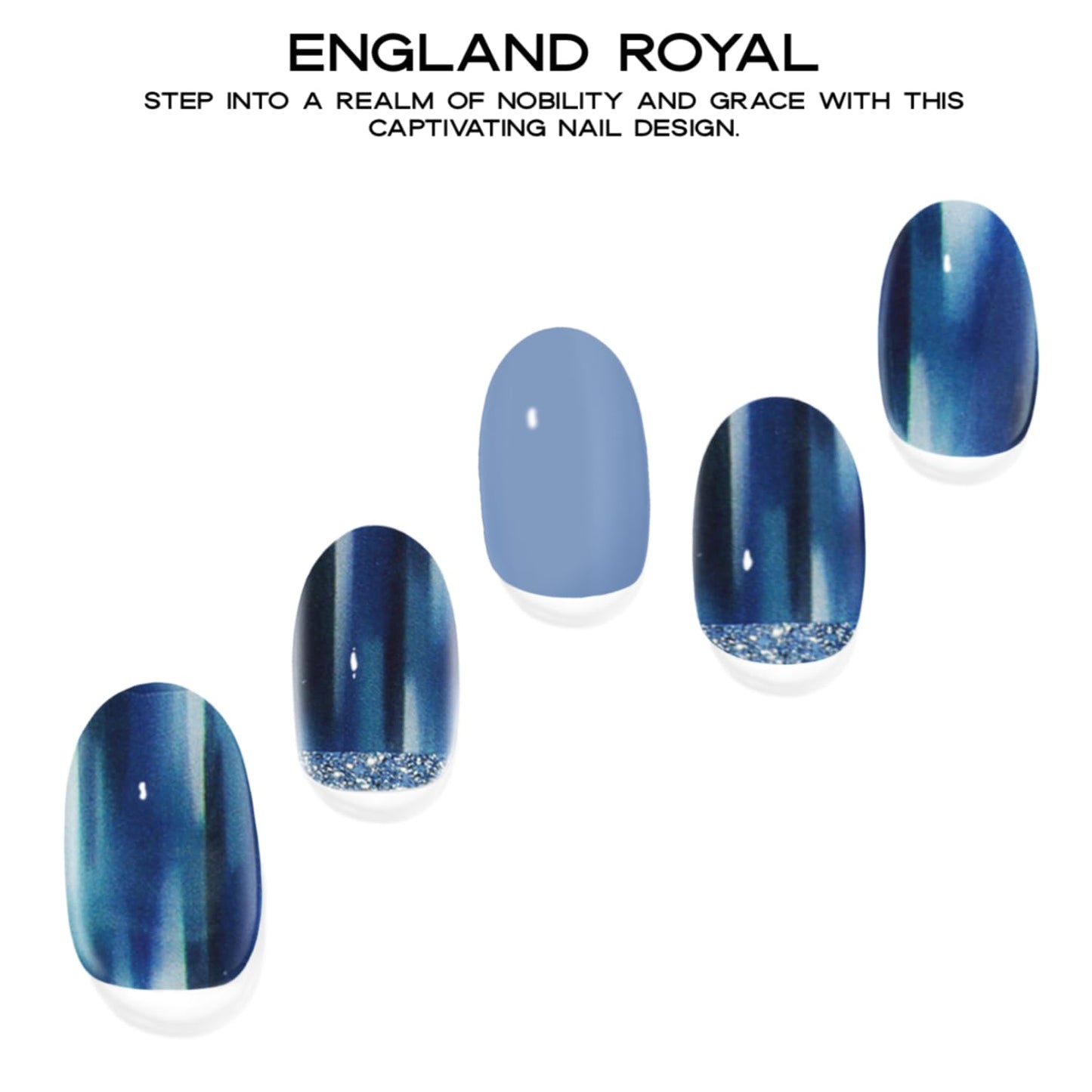 Adora Couture Semi Cured Gel Nail Strips with 30 Pieces, Salon Quality Nail Wraps for Women, Blue Glossy with Glitter UV Gel Nail Stickers, UV Light Required, England Royal