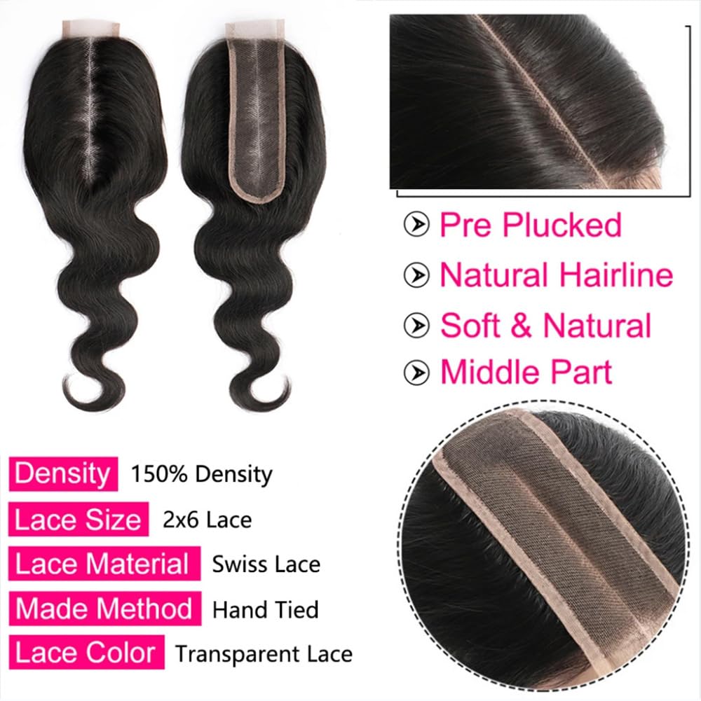 2x6 HD Lace Closure Body Wave Human Hair Lace Closure Kim K Closure Middle Part Closure HD Transparent Body Wave Lace Closure 8 inch