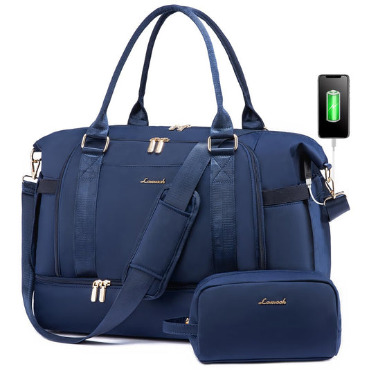 Gym Bag for Women LOVEVOOK Travel Duffel Bag with USB Charging Port, Navy Blue, Medium
