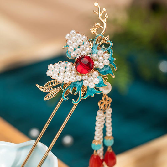 Rabithenn Burning Blue Branches with Butterfly and Pearl Tassels Chinese Hanfu Hair Clip Hair Accessories for Women Girls Long Hair (Burning Blue Branches)