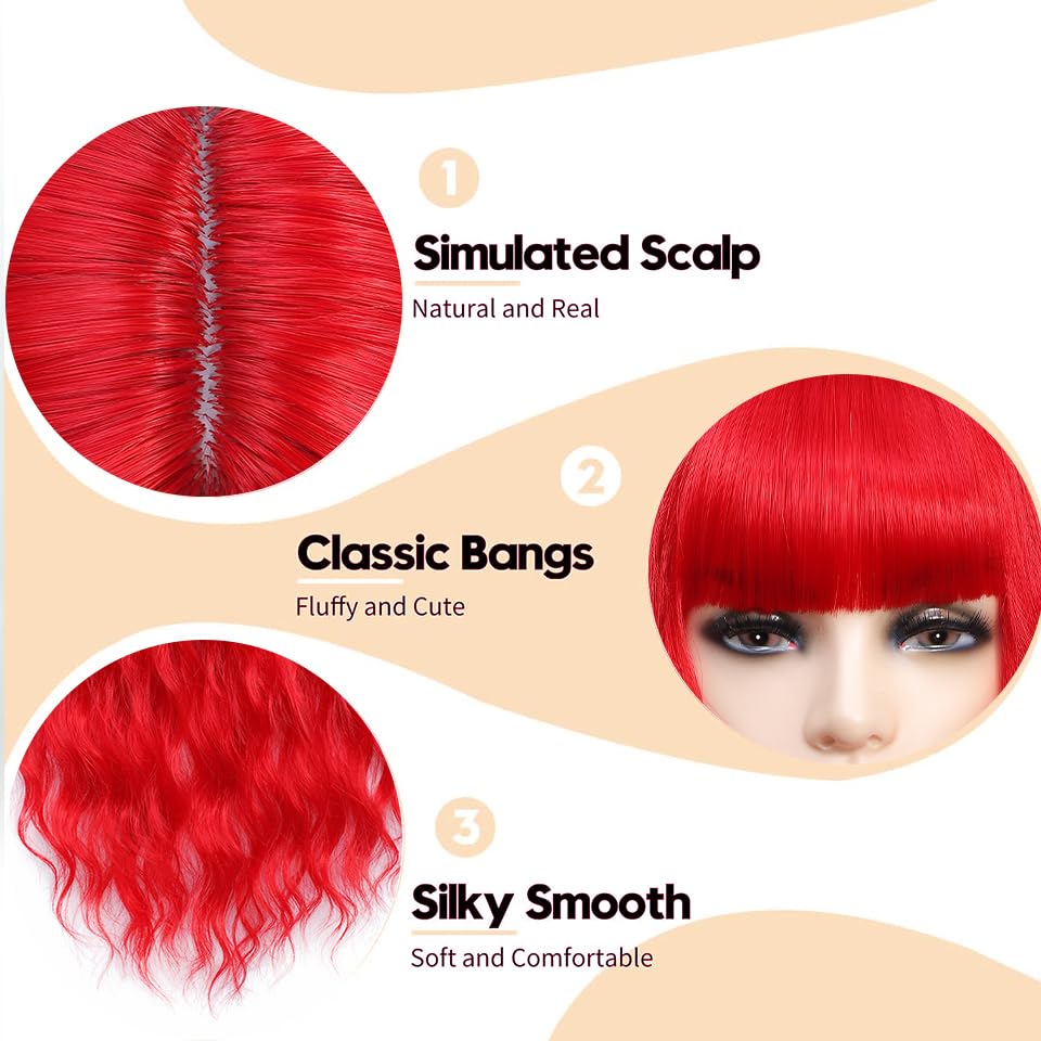 COSYMAY Red Wig Long Wavy Heat Resistant Fiber Wigs With Bangs for Girls Daily Cosplay Party Use for Women