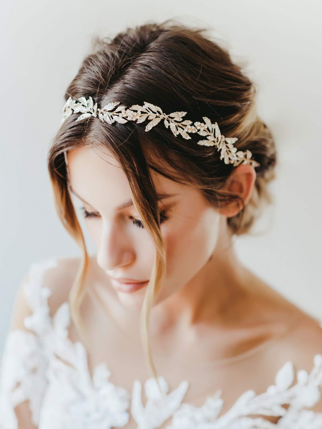 SWEETV Leaf Wedding Headpieces for Bride Flower Girl Gold Bridal Headband with Rhinestones Women Handmade Hair Accessories
