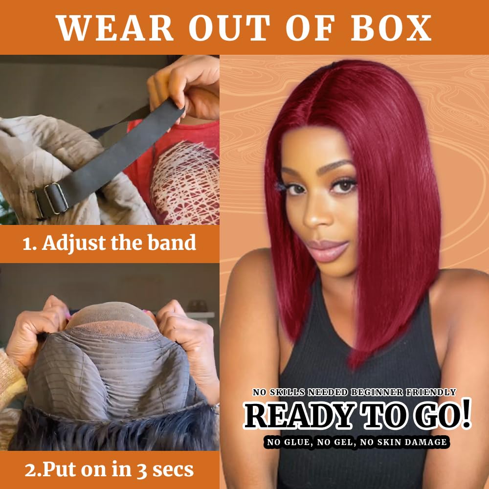 GUDOZO Bob Wig Human Hair Glueless 99J Burgundy 14 Inch 9x6 HD Lace Front Glueless Wigs Human Hair Pre Plucked Pre Cut 200% Density Straight Bob Wigs for Black Women