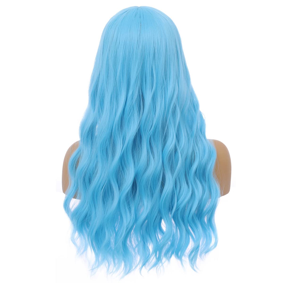BERON 23 Inches Blue Wig Long Curly Wig with Bangs Synthetic Wig Women Girls Wig Sky Blue Wigs with Wig Cap