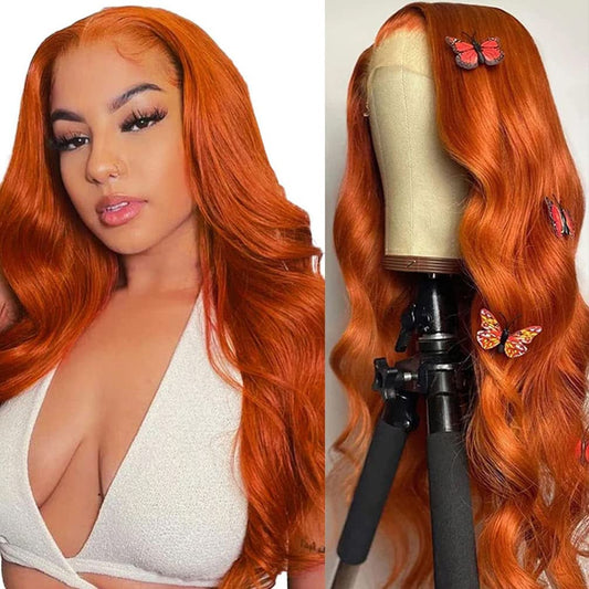 13X4 Orange Ginger Lace Front Wigs Human Hair Pre Plucked Brazilian Colored Body Wave Human Hair Wigs for Black Women HD Lace Frontal Wigs Human Hair 180% Density (28 Inches)