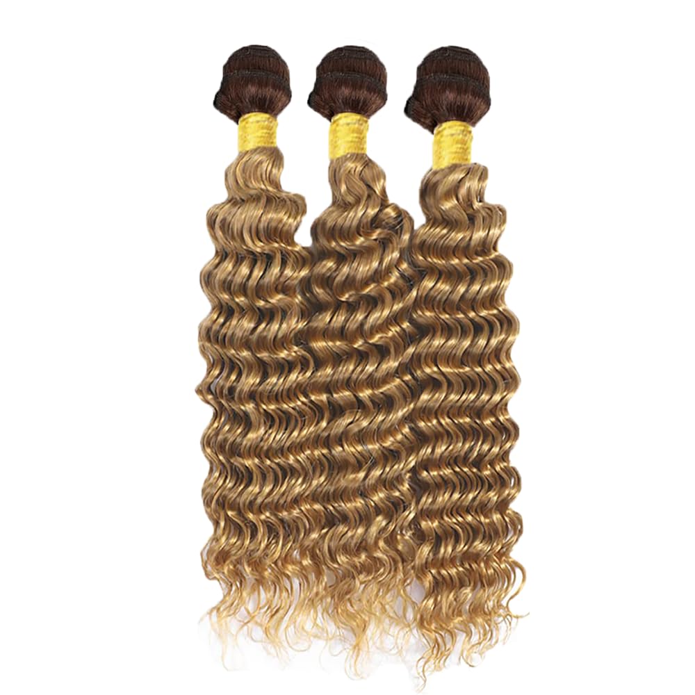 Ombre Human Hair Bundles T4/27 Blonde Deep Wave Bundles Human Hair 8 10 12 Inch Two Tone Brown And Blonde Bundles 8A Grade Honey Blonde Deep Wave Bundles Human Hair For Women