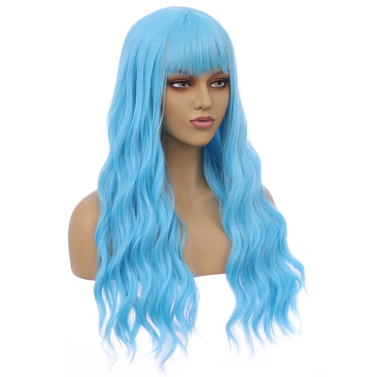 BERON 23 Inches Blue Wig Long Curly Wig with Bangs Synthetic Wig Women Girls Wig Sky Blue Wigs with Wig Cap