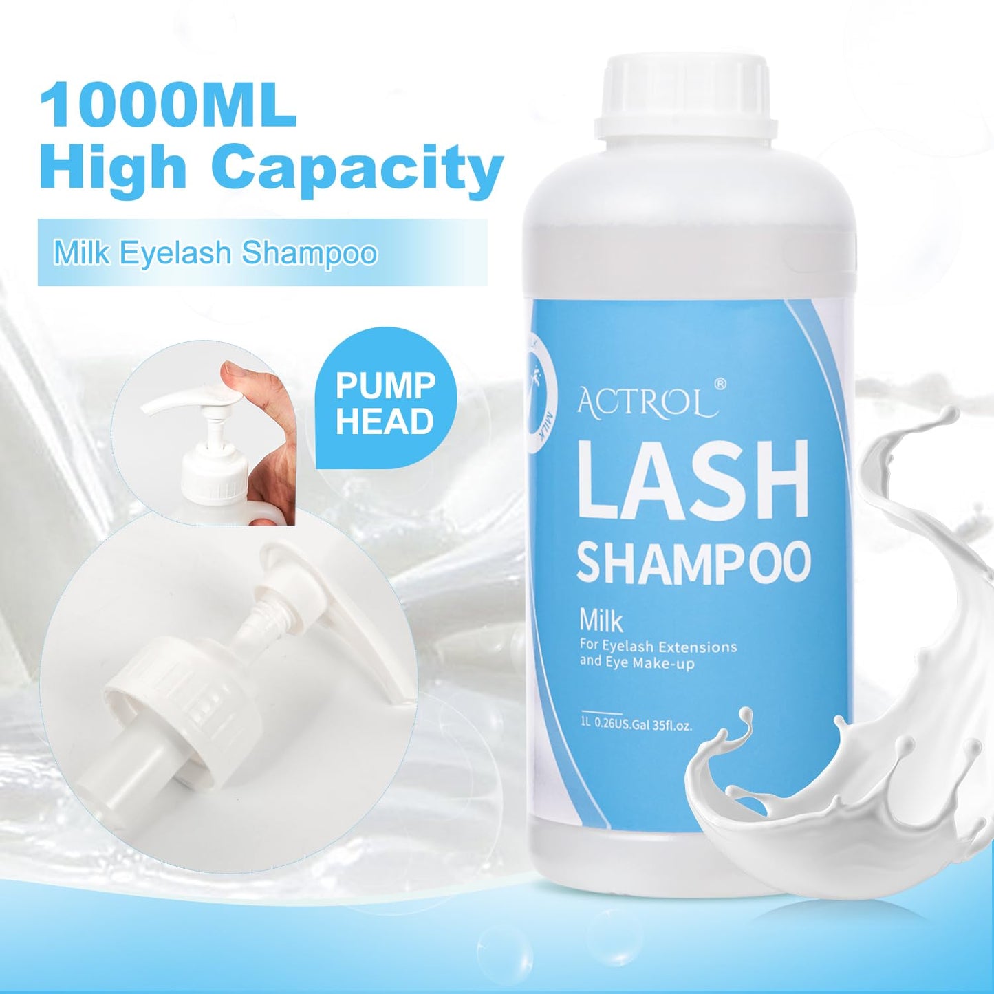 ACTROL Eyelash Extension Cleanser Milk 1L Natural Lash Extension Shampoo Professional Eyelid Foaming Cleanser Paraben & Sulfate Free Non-lrritating with Salon and Home Care