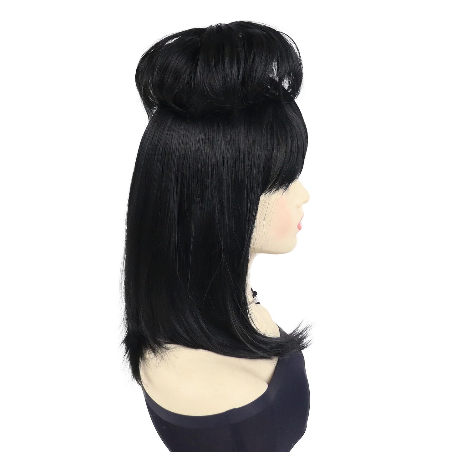 GNIMEMGIL Long Black Cosplay Wig With Bun,Synthetic Hair Bride Wigs for Costumes,Halloween Costume Wigs for Women