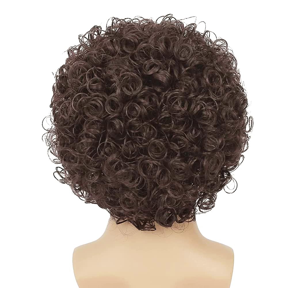 Dai Cloud Short Brown Curly Afro Wigs for Men Fluffy Rocker Synthetic Wigs for Cosplay Costume Wigs(Dark Brown)