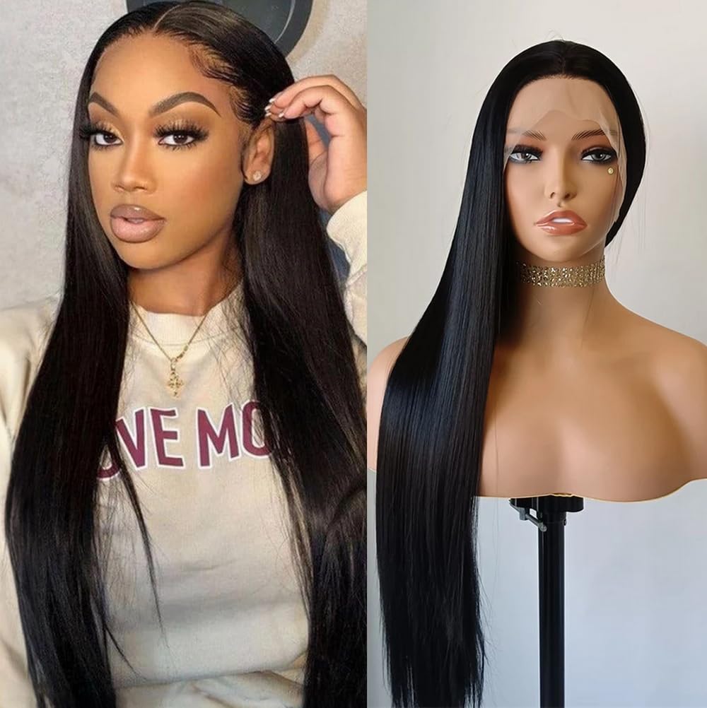 MSMYRNS Long Straight HD Lace Wig Middle Parting Synthetic Wigs 1B Black Color For Women Girls Party Cosplay Costume Wig Halloween Hair 26 Inch