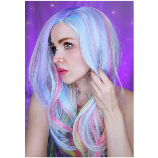 PATTNIUM Rainbow Wig - Long, Wavy, Heat Resistant Synthetic Hair for Women & Girls - Pastel Rainbow Color for Cosplay & Halloween