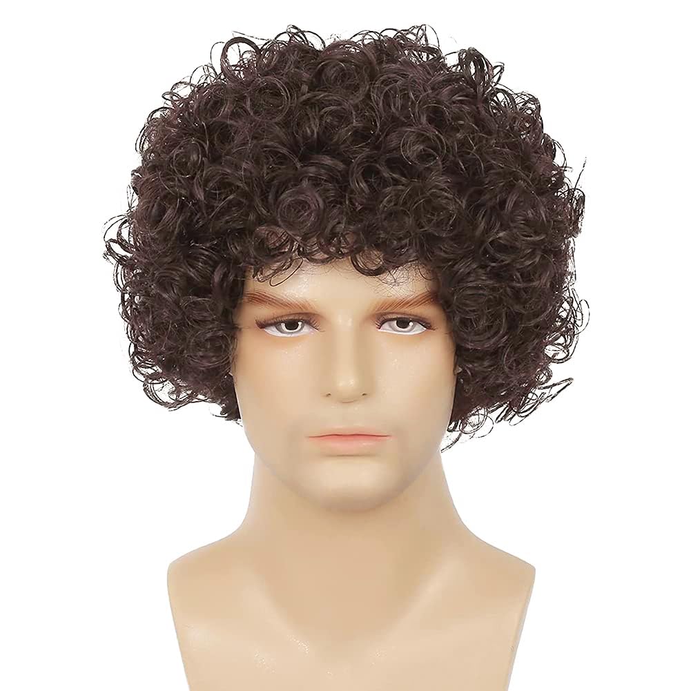 Dai Cloud Short Brown Curly Afro Wigs for Men Fluffy Rocker Synthetic Wigs for Cosplay Costume Wigs(Dark Brown)
