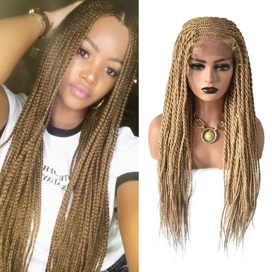 5.5X3.5 Swiss Lace Front Lightweight Twist Braids Wigs Micro Cornrow Half Box Heat Friendly African Hair Natural Look with Baby Hair Hand-made Braided for Black Women 31" (#27/613M Blonde)