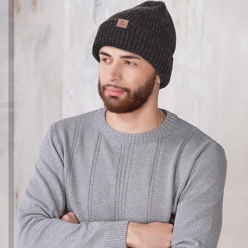 Oversized XL XXL Unisex Merino Wool Beanie with Fleece Lining Cold Weather Winter Hat Big Head Black